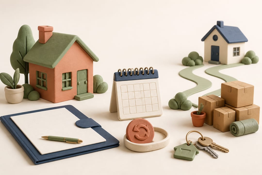 Clay-model homes, blank tenancy folder, calendar, returned-payment token, moving boxes and keys showing a pre-move-in rental cancellation and a backup housing plan