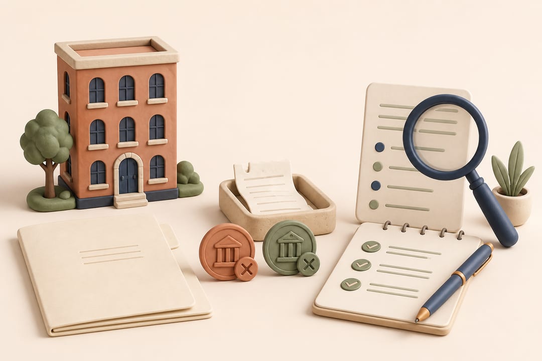 Clay apartment building, lease folder, two returned-payment tokens, receipt tray and checklist showing a careful rental-fee review
