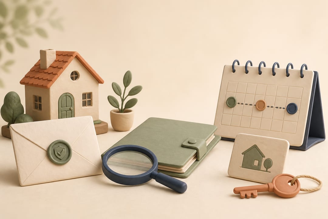 Clay house, sealed verification letter, escrow folder, magnifying glass, calendar milestones and keys representing cash-buyer due diligence