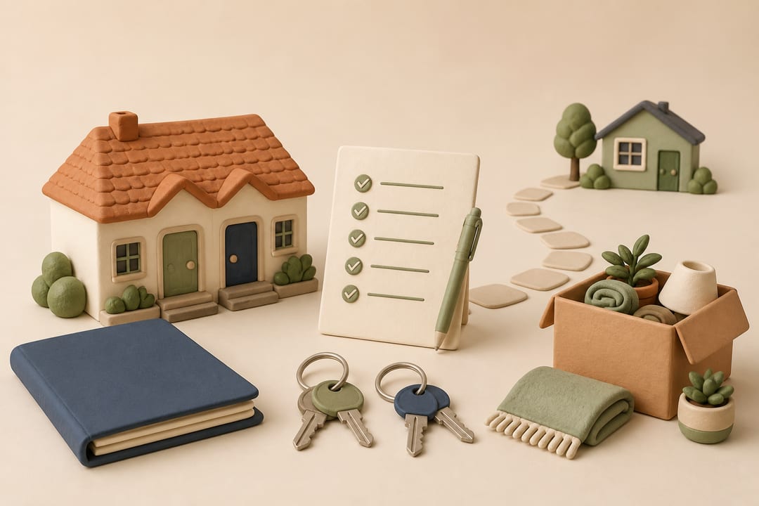 Clay shared home, two key rings, lease folder, checklist, moving box and path to a second home representing a documented shared-rental exit