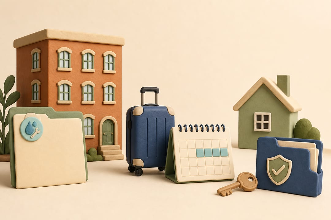 Clay apartment building, water-repair folder, suitcase, short-stay calendar, temporary home, key and protected document folder representing a planned repair relocation