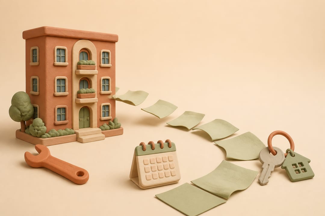 Soft clay illustration of an apartment building, blank paper trail, repair wrench, calendar, and house key on a warm beige background