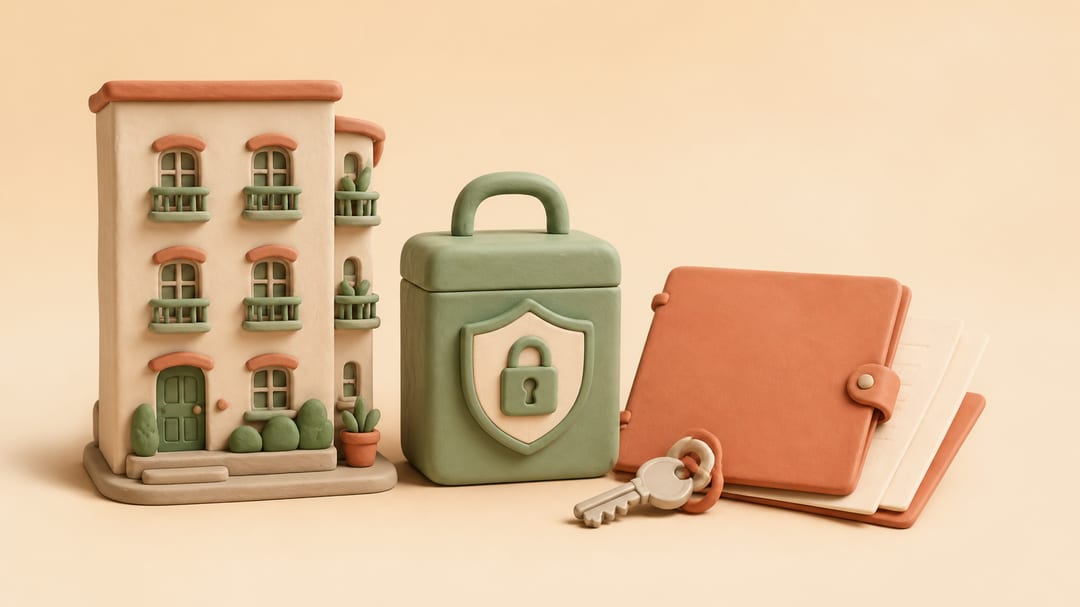Soft clay illustration of an apartment building, a shielded rental-deposit lockbox, a blank sublet contract folder, and a house key