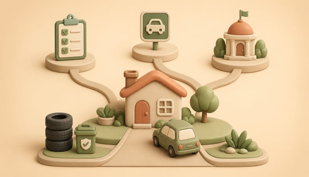 Soft clay illustration of a home, a clear driveway, a checklist, a parking sign, a municipal building, tires, and a tidy bin connected by reporting paths