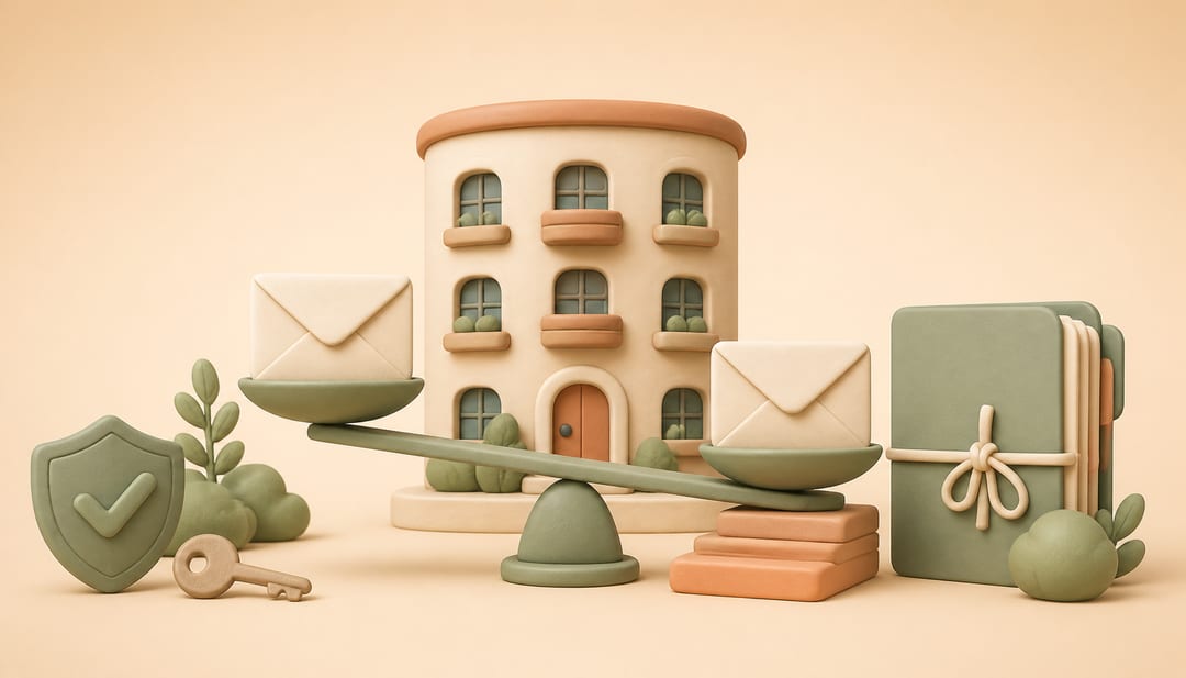 Soft clay illustration of an apartment building, two blank offer envelopes on a scale, a shield, a key, and a tied document folder