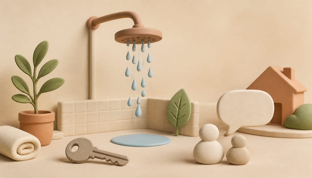 Soft clay illustration of a showerhead, water droplets, a conservation leaf, an apartment key, a speech bubble, and a house