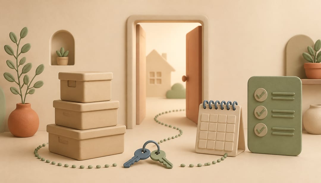 Soft clay illustration of storage boxes, house keys, a blank calendar, a checklist, and an open doorway