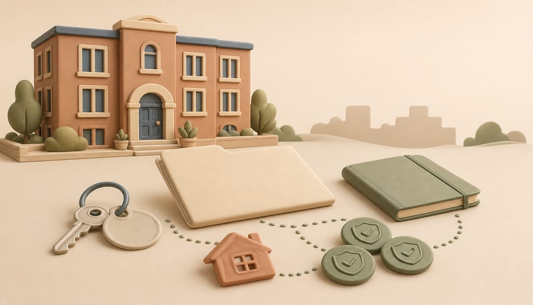 Soft clay illustration of an apartment building, a blank document folder, keys, a study notebook, secure savings tokens, and a house symbol