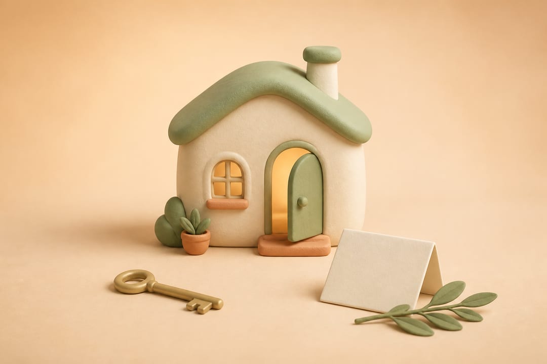 Soft 3D illustration of a small house, an unmarked key, a folded note, and a leaf sprig on a warm neutral background