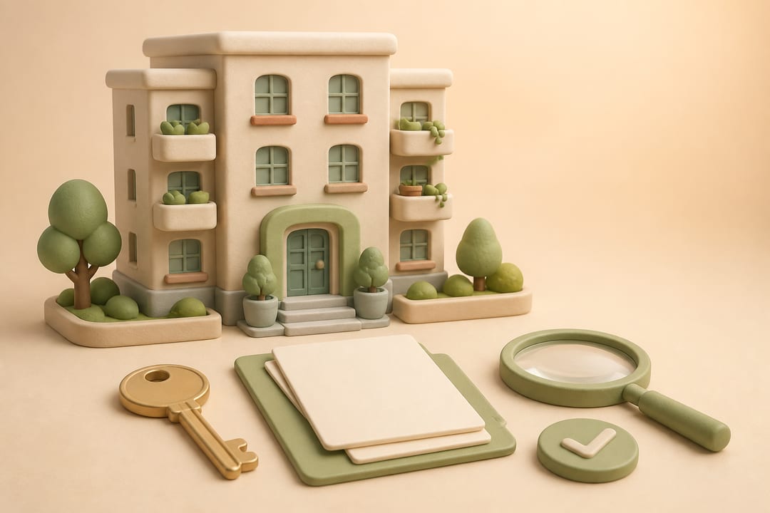 Soft 3D illustration of an apartment building with an unmarked key, blank document folder, magnifying glass, and green checkmark