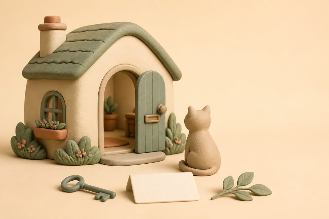 Soft 3D illustration of a cottage with a calm cat, an unmarked key, a folded letter, and a leaf sprig
