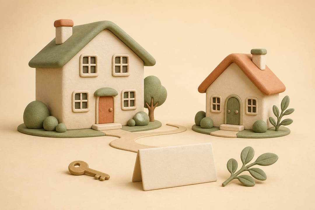 Soft 3D illustration of a larger house and a smaller cottage linked by a gentle path, with a key and a blank decision card