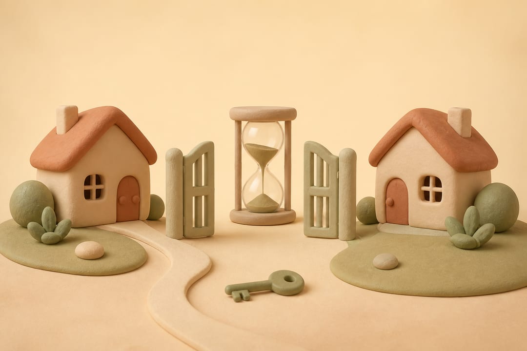 Soft 3D clay illustration of two homes separated by gently open gates, with an hourglass and key on a curved path