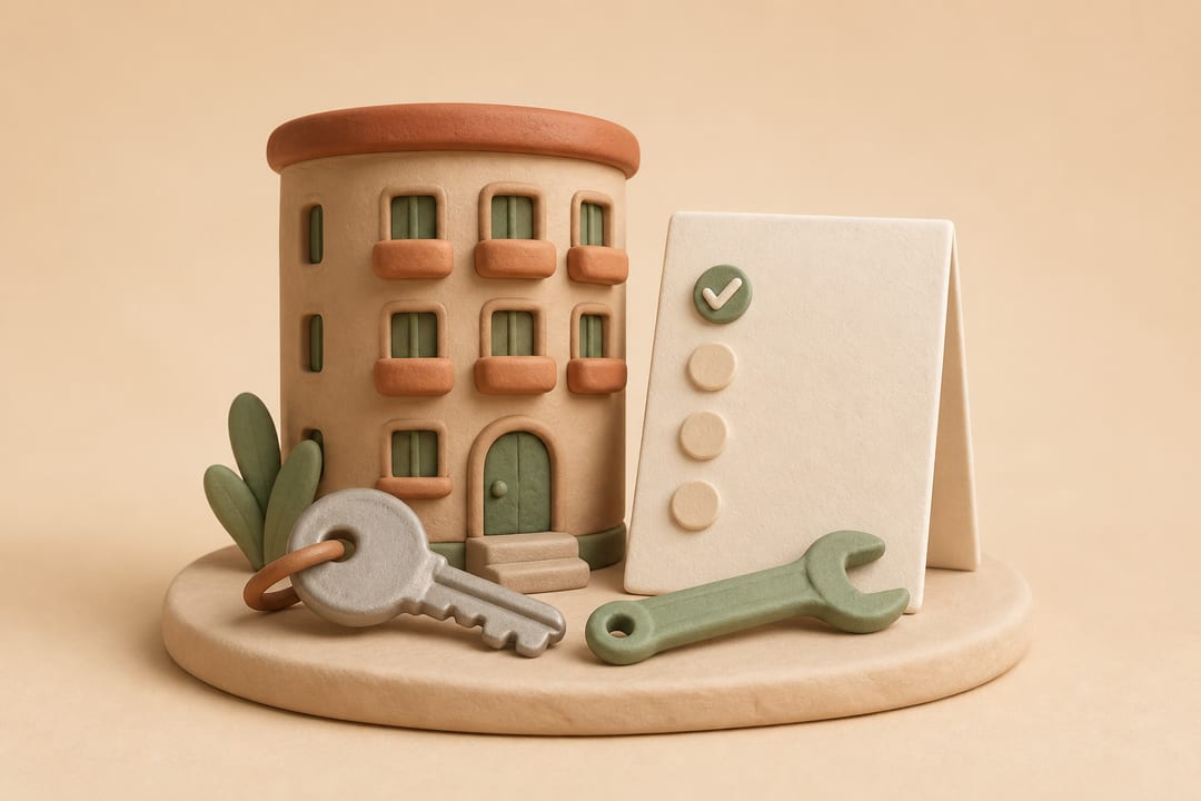 Soft 3D clay illustration of an apartment building with a key, blank checklist card and maintenance wrench