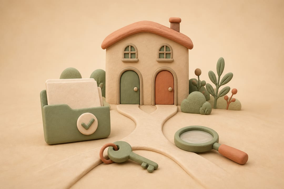 Soft 3D clay illustration of a shared townhouse, blank document folder, check mark, key, magnifying glass, and branching path
