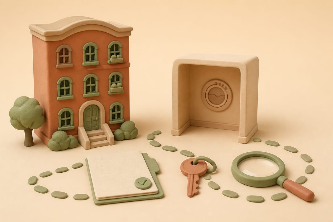 Soft 3D clay illustration of an apartment building, an empty laundry nook, blank document folder, key, magnifying glass, and stepping-stone path