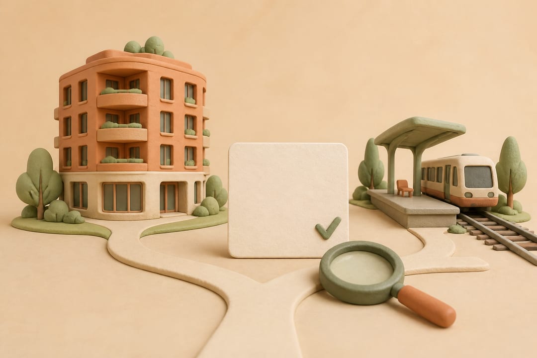 Soft 3D clay illustration of a mid-rise apartment building, transit platform, blank planning card, magnifying glass, and branching path