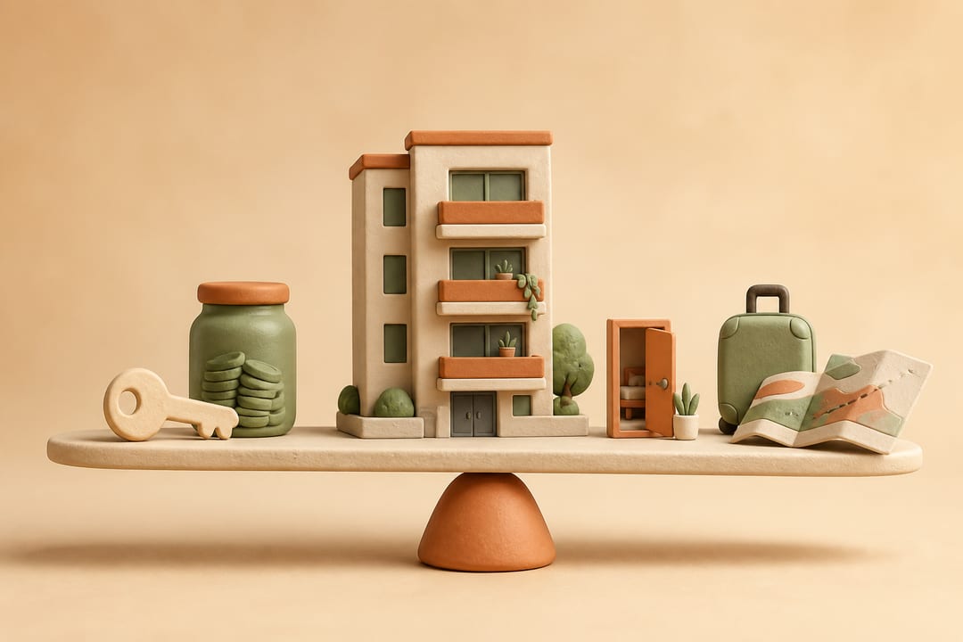 Soft clay illustration of a flat balanced between a key and savings jar, a suitcase and a map
