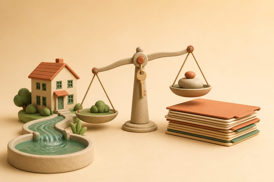 Soft clay illustration of a rental home and flowing cash balanced against blank financial folders