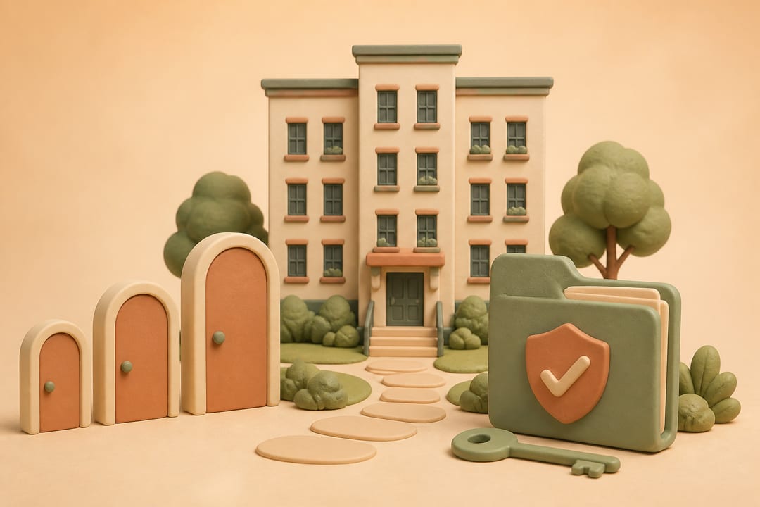 Soft clay illustration of an apartment building, three door sizes and a checked application folder