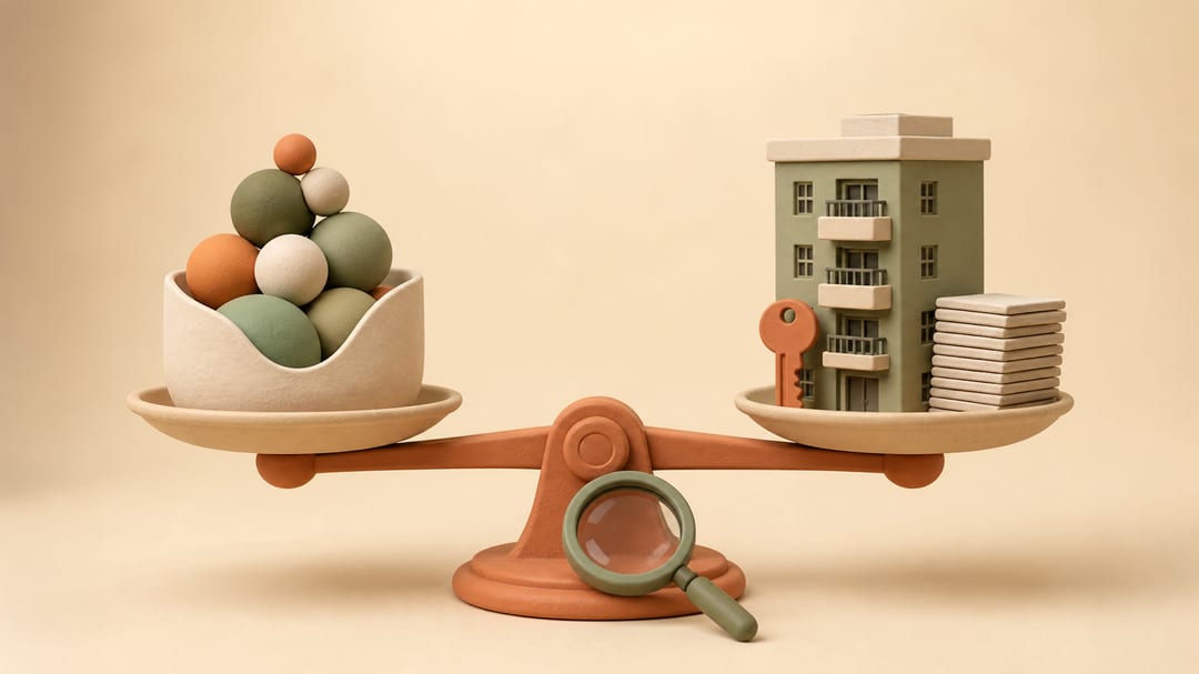 Soft clay illustration of a diversified portfolio and a condo balanced on a scale
