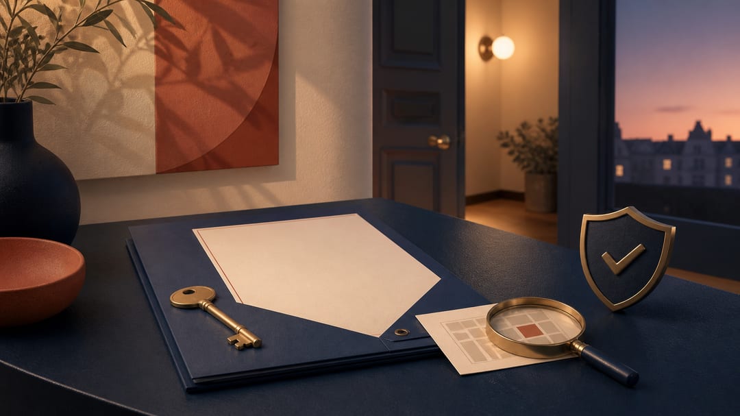 Editorial 3D illustration of a key, a blank lease folder, an address card under a magnifying glass, and a shield with a checkmark