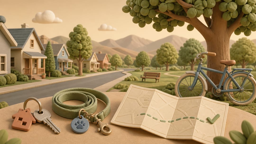 Soft 3D illustration of a leafy residential street, a park, foothills, a bicycle, dog leash, house key, and a blank folded map