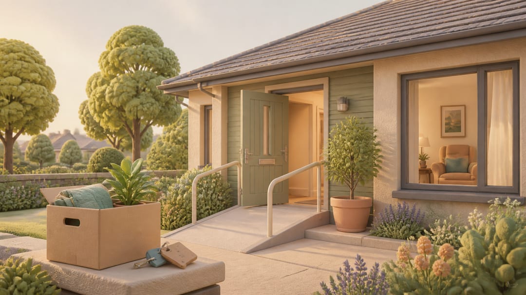 Soft 3D illustration of an accessible single-level home with an open door, ramp, house key, moving box, potted plant, and comfortable armchair