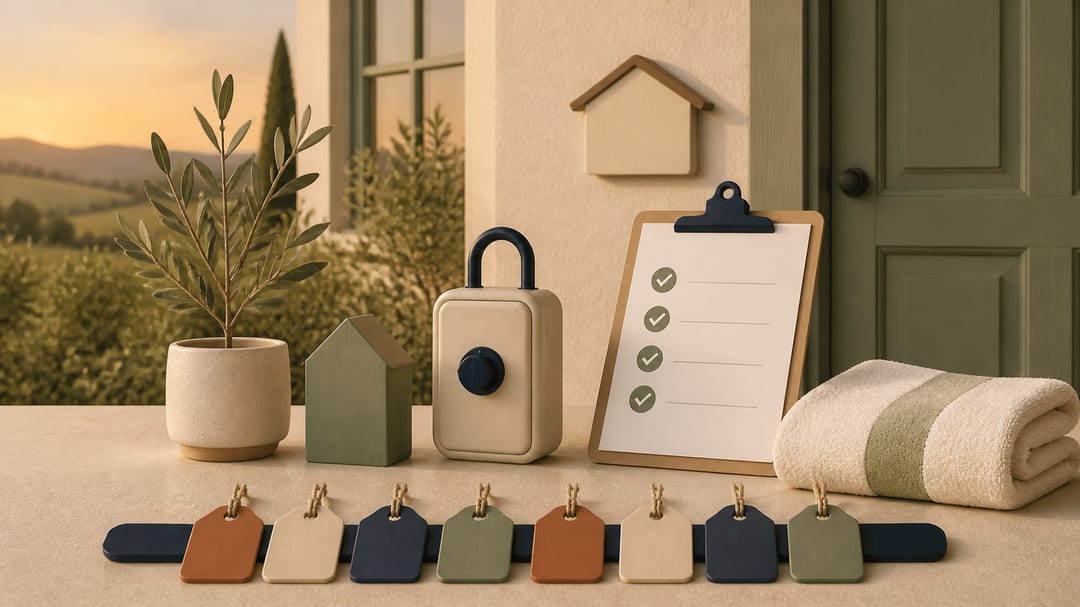 Soft 3D illustration of a holiday-home entry with a key box, checklist, folded towel, olive branch, and eight luggage tags