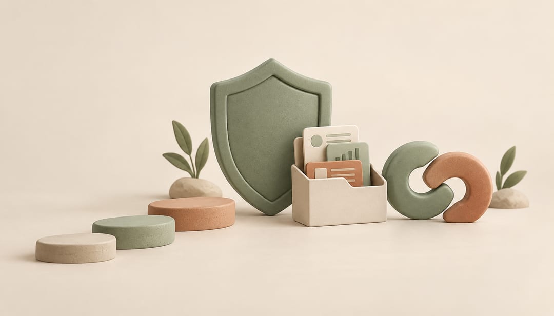Sage green shield, evidence folder, and interlocking clay shapes representing security readiness and collaboration.