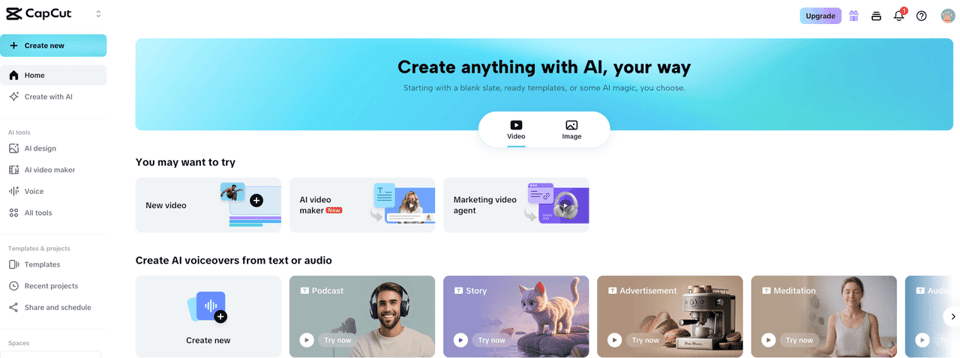 The CapCut interface showcasing AI tools, prompting users to search for CapCut Pro alternatives.
