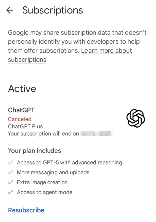 Active subscription list showing a canceled ChatGPT plan, relevant for users asking how to cancel chatgpt subscription on iphone.