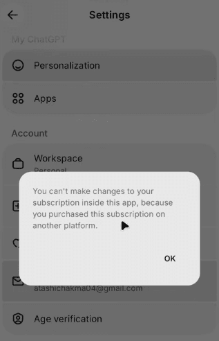 App screenshot showing the error popup that directs users to settings to learn how to cancel chatgpt subscription on iphone.