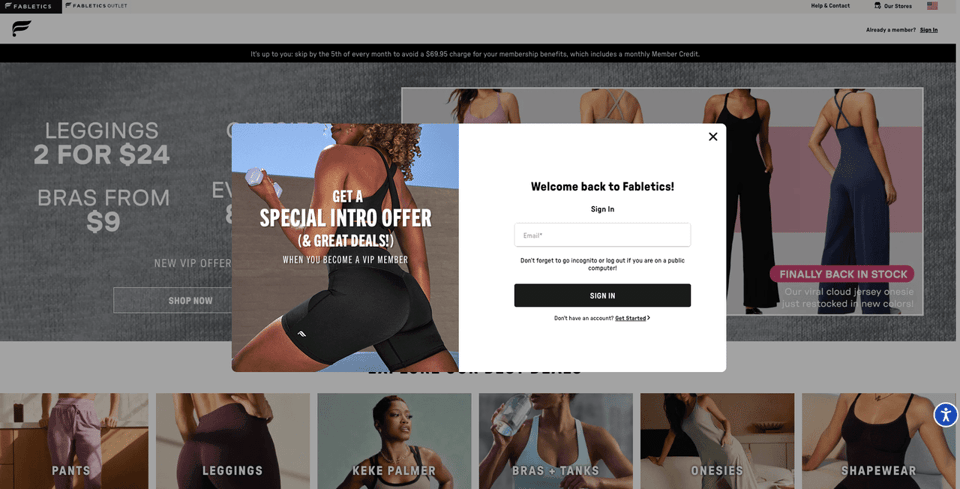 Fabletics VIP membership banner reminding users to skip by the 5th or be charged $69.95, with guide on how to fully cancel membership