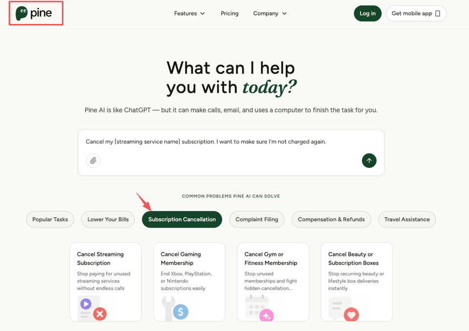 Pine AI service website highlighting the feature to help users cancel Instacart Plus membership automatically.