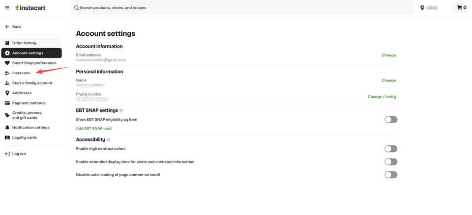 Account settings interface with an arrow indicating where to manage or cancel Instacart Plus membership.