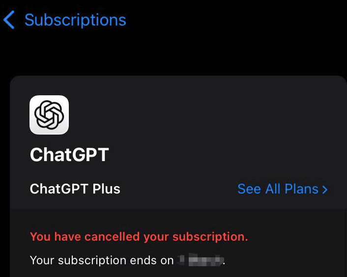Apple iOS settings screen verifying cancelled subscription status prior to starting the chatgpt delete account process.