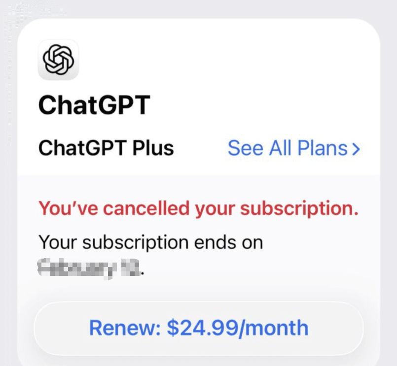 Mobile settings menu showing a cancelled subscription, which is mandatory before you do a complete chatgpt delete account.