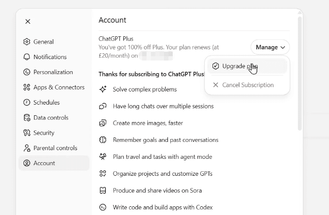 Clicking cancel subscription in web browser settings, a required step before initiating a chatgpt delete account request.