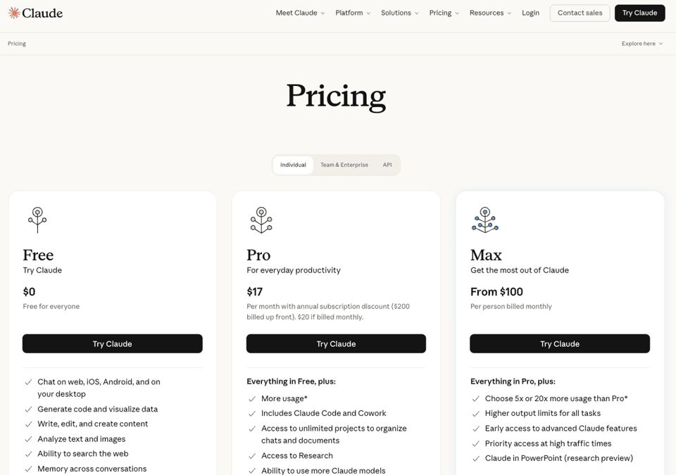 Claude pricing tiers from Free to Max. Analyzing costs is crucial for the claude vs chatgpt vs gemini AI comparison.