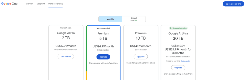 Google One pricing for Gemini AI plans. Cloud storage makes the claude vs chatgpt vs gemini battle unique for Google.