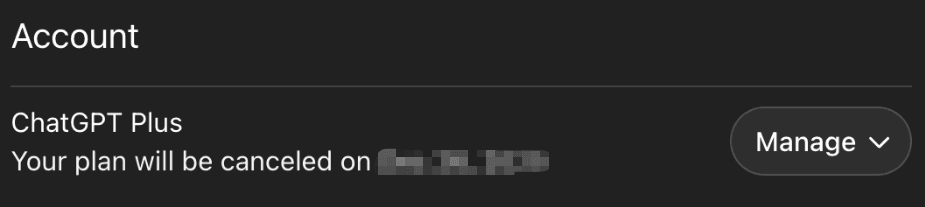 Screenshot showing the account settings page to cancel your plus plan before you decide to delete chatgpt entirely.