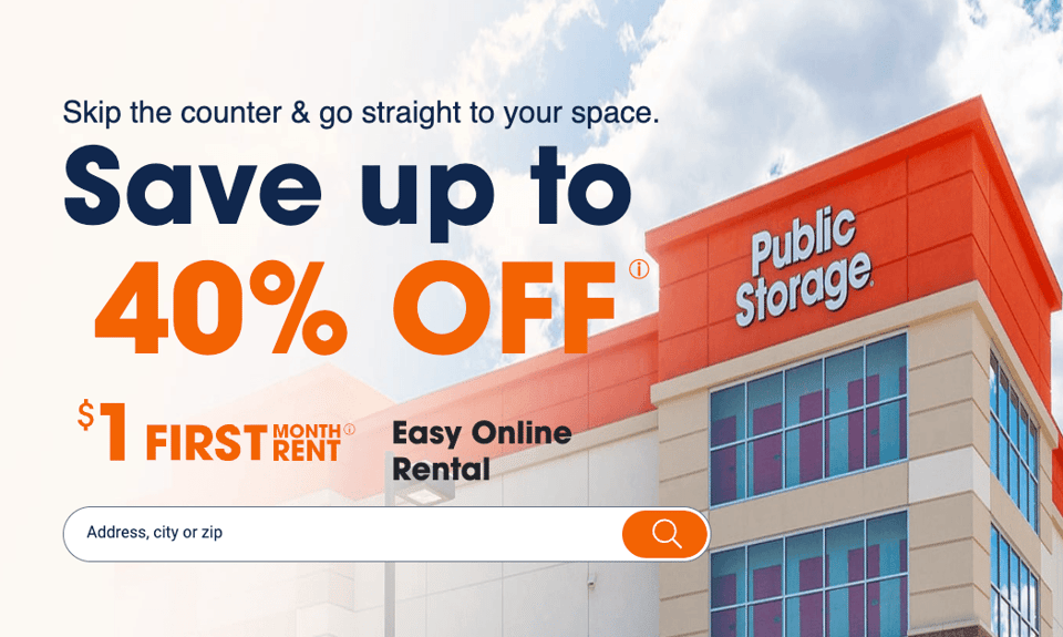 Exterior of a building for filing public storage corporate office complaints or renting units at 40% off.