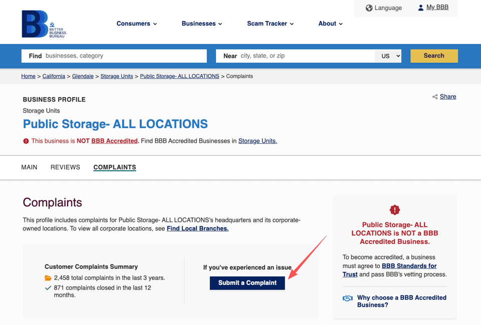 Better Business Bureau page showing how to submit public storage corporate office complaints for mediation.
