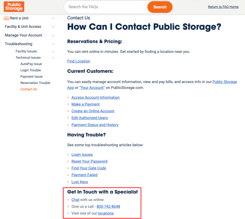 Public Storage help page with contact numbers and chat to discuss billing issues and public storage late fees.