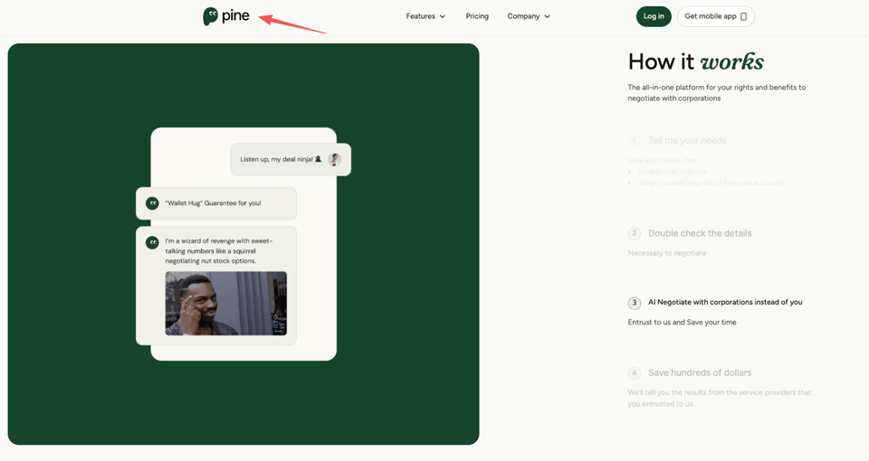 The Pine platform homepage showing how AI can help users negotiate and reduce their public storage late fees easily.