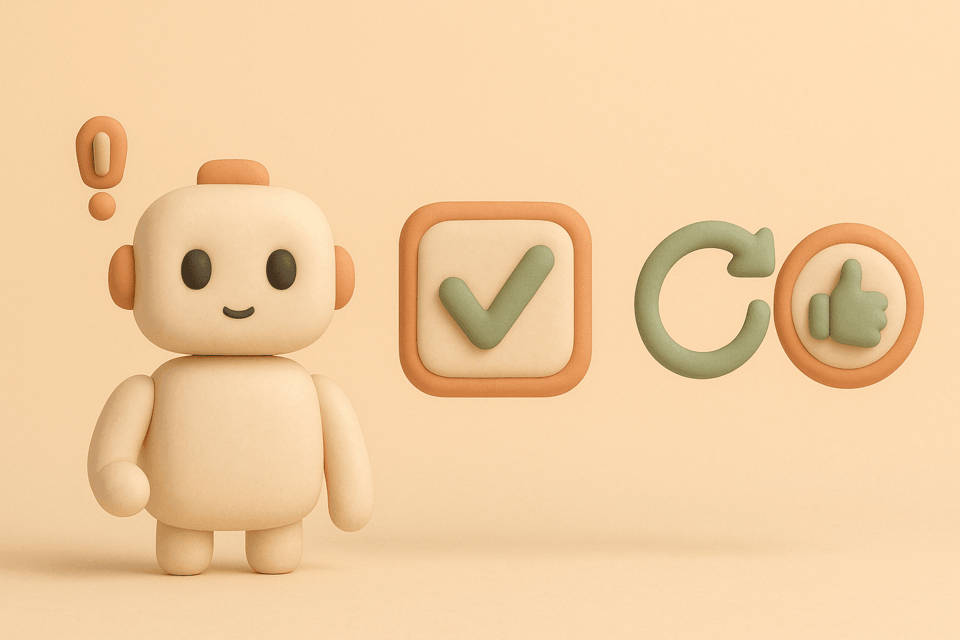 Clay-style illustration of robot with exclamation mark, checkmark appearing, refresh arrow, and thumbs-up badge