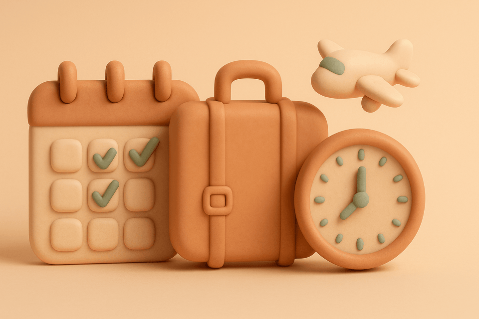 Clay calendar, suitcase, clock, and airplane on beige background