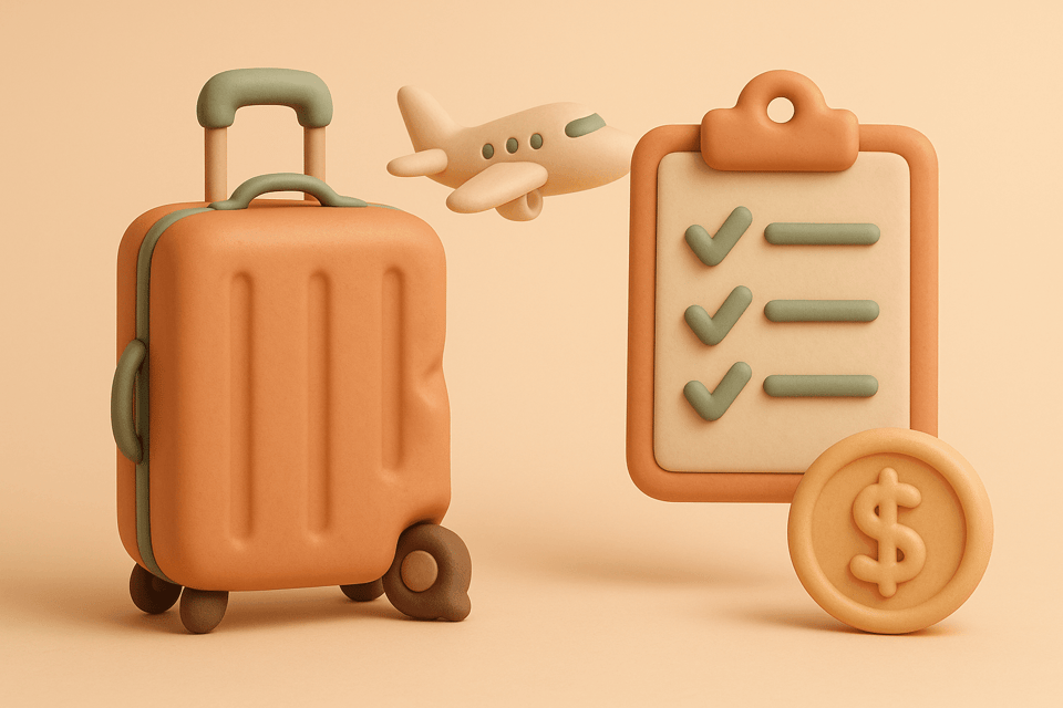 Clay damaged suitcase, airplane, clipboard, and dollar coin on beige background
