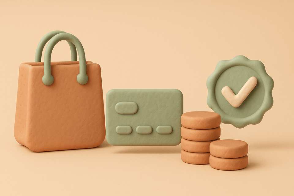 Clay illustration of shopping box, membership card, and coins